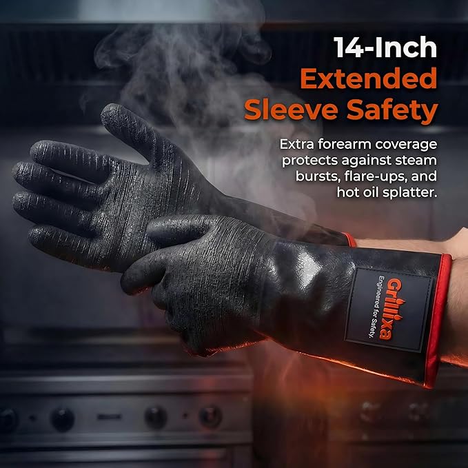 932F Light Heat Resistant BBQ Gloves, 14-Inch Waterproof Neoprene Grill Gloves, Oil & Slip Resistant with Cotton Lining, for Oven, Smoker, Fire Pit, Rotisserie and BBQ Cooking