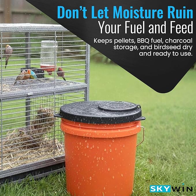 Skywin 5 Gallon Bucket Lid, Rubber Seal Lid, Wood Pellet Storage Containers, Bird Seed Container, Lump Charcoal Storage, Weather Resistant Rubber (Bucket Not Included) (Black)