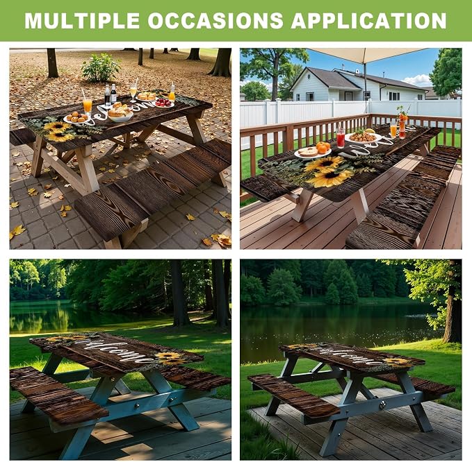 FOREVER QUEEN Picnic Table Cover with Bench Covers 72in,Waterproof Windproof Fitted Tablecloth,Spring Sunflower Welcome Print Camping Essentials with Drawstring Bag for Patio,Park & Backyard