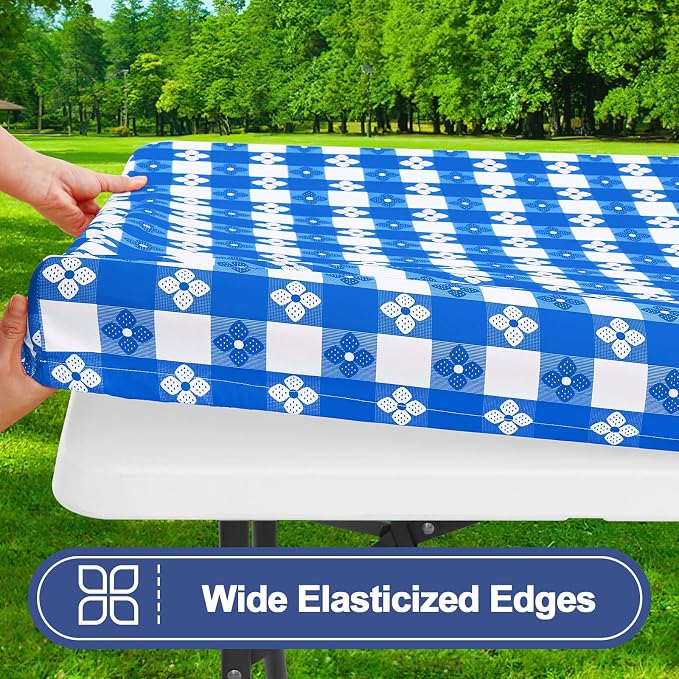 Smiry Picnic Table Cover with Bench Covers, Waterproof Elastic Fitted Tablecloth for 6 Foot Tables, Washable Polyester Tablecloths for Camping, Indoor & Outdoor (Blue & White, 30x72 Inch 3-pc Set)