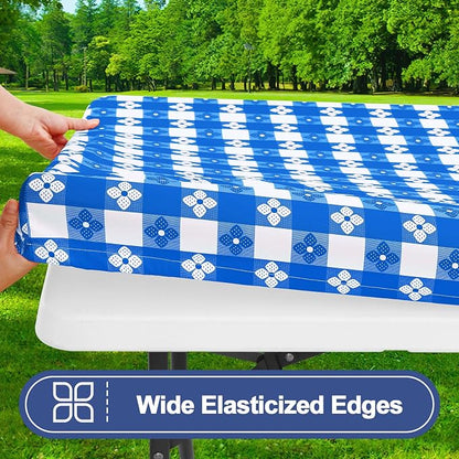 Smiry Picnic Table Cover with Bench Covers, Waterproof Elastic Fitted Tablecloth for 6 Foot Tables, Washable Polyester Tablecloths for Camping, Indoor & Outdoor (Blue & White, 30x72 Inch 3-pc Set)