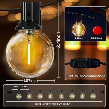 Outdoor String Lights 50FT with 25+2 G40 LED Bulbs, Shatterproof & Waterproof Patio Lights, Connectable Globe String Lights for Backyard Porch Deck Bistro Garden Party