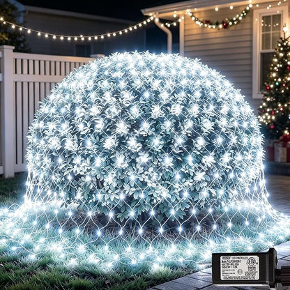 300 LED Net Lights for Bushes, 14.8ft x 5ft 8 Modes Christmas Outdoor Mesh Lights Connectable, Waterproof Decorative String Light Plug in for Xmas Tree Garden Wedding Party (Clear Wire, White)