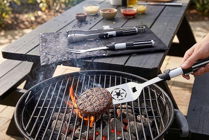 Picnic TIME Star Wars Darth Vader BBQ 3 Pcs Grill Tool Set with Case, Stainless Steel Barbecue Utensils, Saber Handle Tongs Fork Spatula with Bottle Opener, Portable Canvas Roll Up Case, (Black)