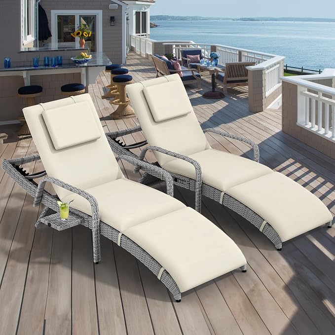 YITAHOME Patio Chaise Lounge Chair Set of 2, Wicker Chaise Lounge Outdoor Rattan Reclining Chair with Armrests/Pull-Out Cup Holder/5-Position Backrest/Cushion & Headrest-Beige