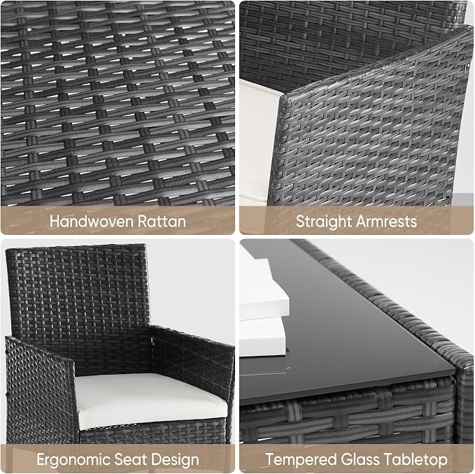 DUMOS 3 Piece Patio Furniture Set, Outdoor Wicker Bistro Set, Black | All-Weather Rattan Chairs, Removable Cushions, Tempered Glass Table, Small Conversation For Porch Balcony Lawn Backyard