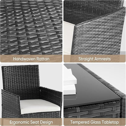 DUMOS Patio Furniture Set 3-Piece, Outdoor Wicker Bistro Set, Black | All-Weather Rattan Chairs, Removable Cushions, Tempered Glass Table, Small Conversation For Porch Balcony Lawn Backyard