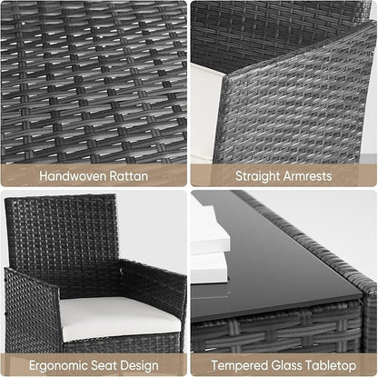 DUMOS 3-Piece Patio Furniture Set, Outdoor Wicker Bistro Set, Black | All-Weather Rattan Chairs, Removable Cushions, Tempered Glass Table, Small Conversation For Porch Balcony Lawn Backyard