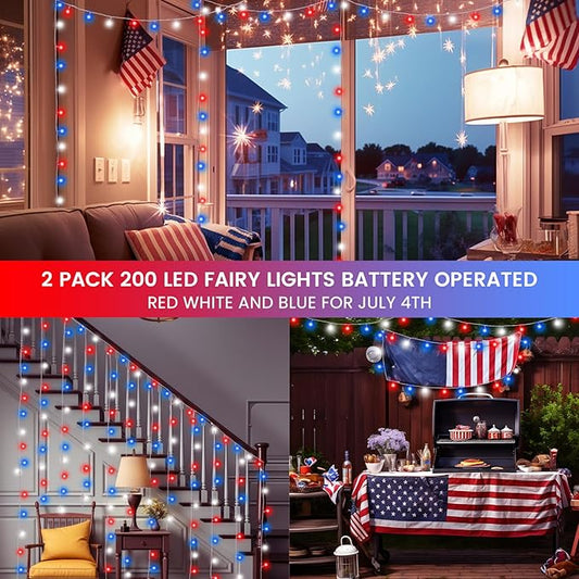 2 Pack Red White and Blue Battery Operated Fairy Lights, 66FT 200LED 4th of July String Lights with Timer, 8 Modes Waterproof Patriotic Twinkle Light Indoor Outdoor for Independence Day Memorial Day