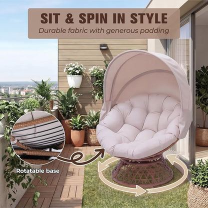 GTPLAYER Outdoor Wicker Egg Chair PE Rattan Chair with Cushion, Oversized Patio Lounge Chair with Canopy Papasan Chair 360° Swivel Base for Outdoor, Indoor, Balcony, Backyard, Garden, Beige