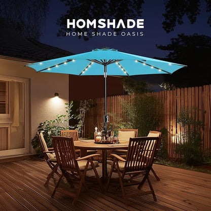 HOMSHADE 9ft Solar Patio Umbrella - Solar Lights LED Lighted Outdoor Market Table Umbrella, UPF50+ UV Protection with Push Button Tilt, Crank for Pool Deck and Garden (Light Blue)