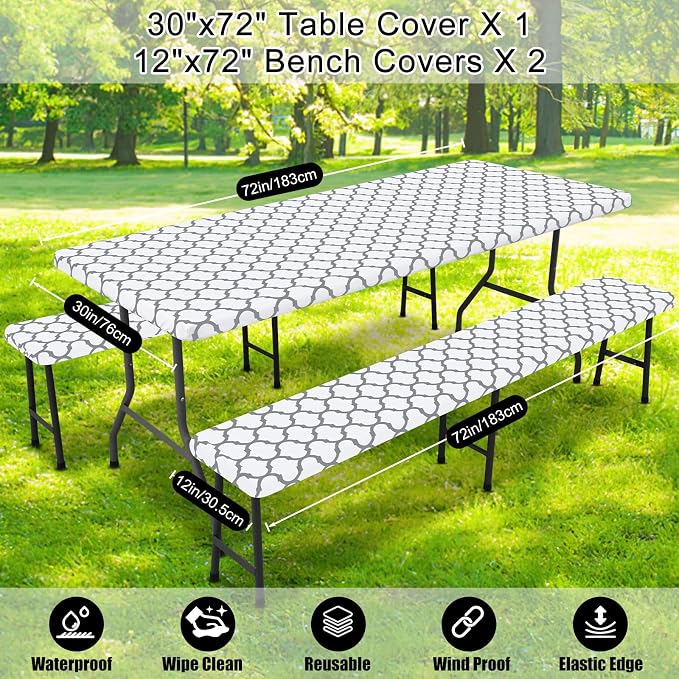 Smiry Picnic Table Cover with Bench Covers, Waterproof Elastic Fitted Tablecloth for 6 Foot Tables, Washable Polyester Tablecloths for Camping, Indoor & Outdoor (White, 30x72 Inch 3-pc Set)