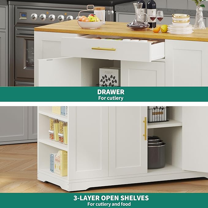 YITAHOME 53 inch Movable Kitchen Island with Trash Can Storage Cabinet | Portable Mobile Islands with Wheels for 13 Gallon Garbage Bin, White Oak