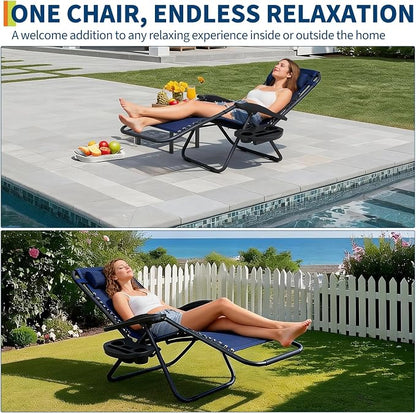 Garvee Outdoor Reclining Lounge Chair Set of 2 with Cup Holder & Padded Headrest, Adjustable Patio Folding Chairs, Heavy Duty Portable Camping Lawn Chairs for Pool, Backyard, Beach, Deck Blue