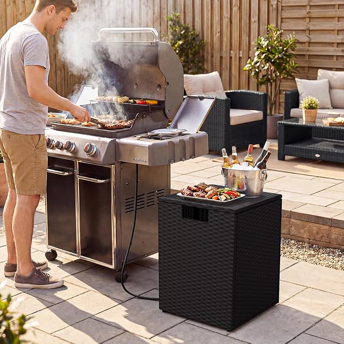 Tangkula Wicker Propane Tank Cover Table, 20 LB Gas Tank Holder Storage Box with Flip Lid & Adjustable Foot Pads, 16" Outdoor Rattan Hideaway Table for Gas Fire Pit, Grill, Griddle & Stove (Black)