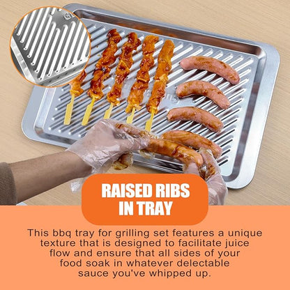 Grilling Prep and Serve Trays, Set of 2 Stackable Stainless Steel BBQ Tray, Standard Marinating Container, Serving Platter for Plating Food, BBQ Prep Tub for Marinating Meats, Grill Accessories