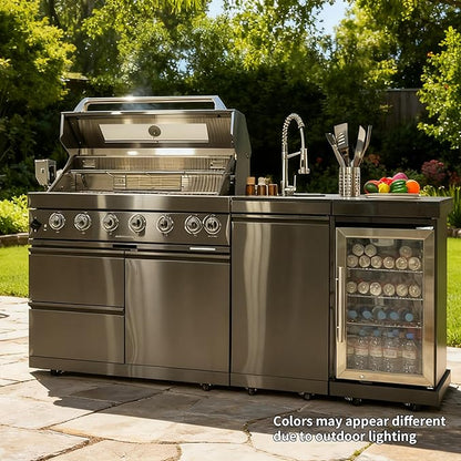 82" Natural Gas Outdoor Kitchen Island - 43-Inch 6-Burner 85,000 BTU Deluxe Stainless Steel Grill Wine Cooler Compact Refrigerator Rotisserie Granite Countertops/Sink,Black