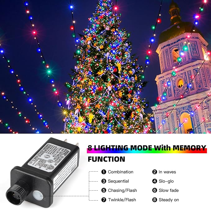 Christmas String Lights 170FT 500 LED, End-to-End Plug 8 Modes | Memory Function with Timer - UL Certified - Outdoor Indoor Fairy Christmas Lights for Tree, Garden, Holiday (Multicolor)