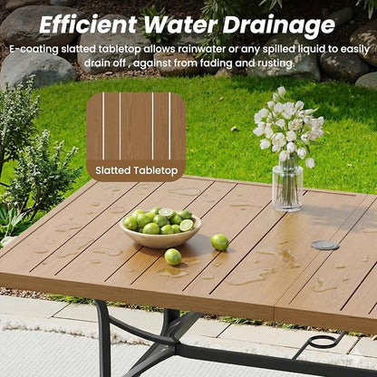 Outdoor Patio Table with 1.57" Umbrella Hole, 60"x35" Outdoor Dining Table Wood-Like Texture, All-Weather Metal Frame Patio Dining Tables for Poolside, Deck, Proch