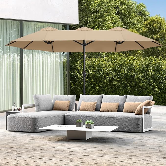 ABCCANOPY 15FT Double-Sided Rectangle Patio Umbrella with Base, Khaki | Rectangular Outdoor Table Umbrella with Crank, Heavy Duty Market Umbrella Shade for Garden,Poolside, Lawn, Backyard