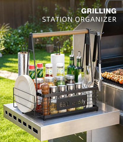 TJ.MOREE Grill Caddy BBQ Organizer for Grilling Tools & Supplies | paper towel & foil holder, fits 8" plates, removable wood handle, for camping, patio, Kitchen, Picnic, RV