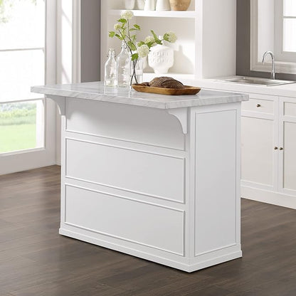 Crosley Furniture Cutler Faux Marble Top Kitchen Island with Storage, Breakfast Bar, Microwave Stand, White