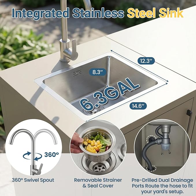 Wisteria Lane Outdoor Storage Cabinet with Stainless Steel Sink, Aluminum Modular Outdoor Kitchen, All Wheather Kitchen Island with Storage, Patio Bar Table for BBQ, Porch，Backyard