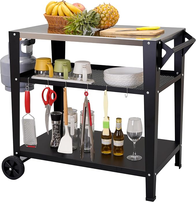 LEETOLLA Stainless Steel Outdoor Grill Cart with Wheels, Heavy-Duty 3-Tier BBQ Prep Table for Pizza Oven, Griddle, Patio – Rustproof Commercial Kitchen Cart with Tool Hooks
