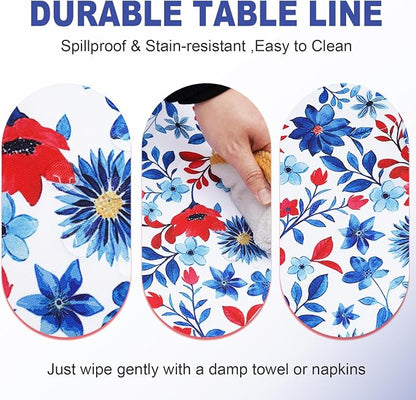 SquarePie 4th of July Outdoor Tablecloth with Umbrella Hole Round - 60 Inch Waterproof Zipper Patriotic Red Blue Flowers Table Cover for Spring Summer Garden Party Picnic