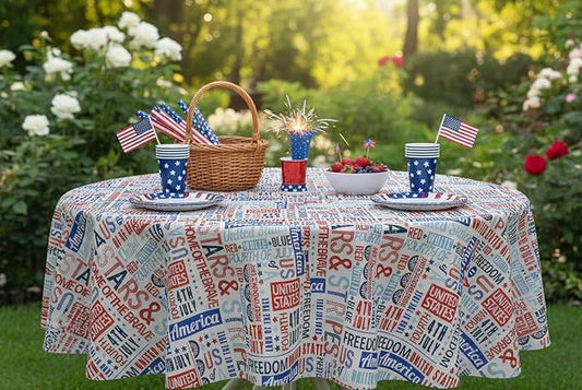 Newbridge Celebrate America Patriotic Blue Stars and Stripes 70 Inch Round Vinyl Tablecloth with Flannel Backing, Indoor Outdoor Waterproof BBQ Picnic Patriotic Party Table Cover
