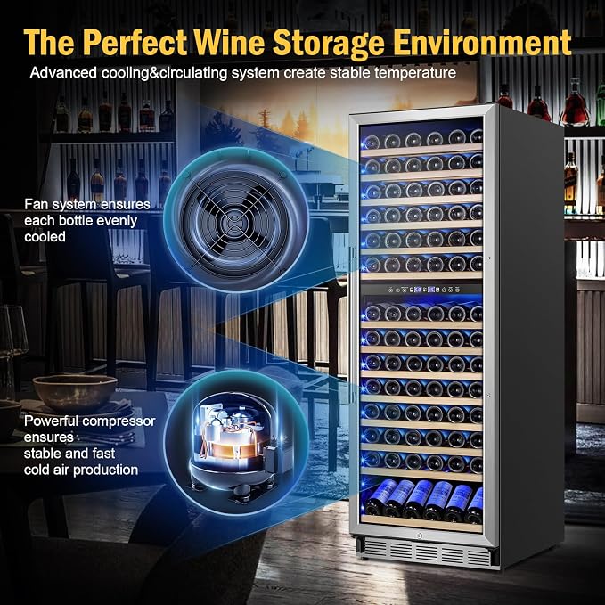 FoMup 24" 180-Bottle Dual Zone Wine fridge, Freestanding or Built-in | Sliding rail shelves, Reversible door, Professional cooling, Low noise, Glass door, Digital temp, Home or commercial use