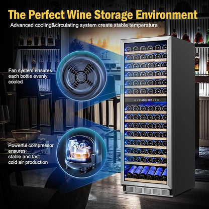 FoMup 24" 180-Bottle Dual Zone Wine fridge, Freestanding or Built-in | Sliding rail shelves, Reversible door, Professional cooling, Low noise, Glass door, Digital temp, Home or commercial use