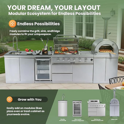 125-Inch Stainless Steel Outdoor Kitchen Island, Natural Gas BBQ Grill with Standalone Side Burner Pizza Oven, Rotisserie, Refrigerator, Granite Countertop, Storage Cabinets & Drawers 108000 BTU.