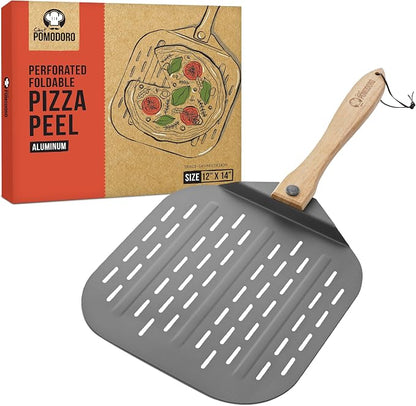 Chef Pomodoro Perforated Aluminum Pizza Peel 12x14 in Foldable Wood Handle | Metal Pizza Peel with Holes for Easy Release, Folds Flat for Storage, Great for Homemade Pizza & Artisan Bread