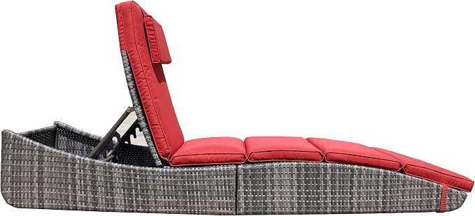 BTEXPERT Set of 2,Foldable Outdoor Chaise Pool Lounge Chair Folding Wicker Rattan Sun Bed Patio Couch Reclining Lounger Adjustable Padded Backrest Pillow Assembled - Red Burgundy
