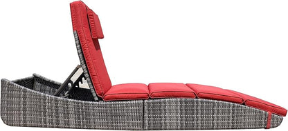 BTEXPERT Set of 2,Foldable Outdoor Chaise Pool Lounge Chair Folding Wicker Rattan Sun Bed Patio Couch Reclining Lounger Adjustable Padded Backrest Pillow Assembled - Red Burgundy