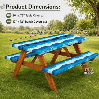 Emwwat Picnic Table Cover with Bench Covers, Waterproof Elastic Corner Fitted Tablecloth for 6 Foot Rectangle Tables, Washable Camping Table Cover Set for Picnic Outdoor BBQ (Blue, 72in)