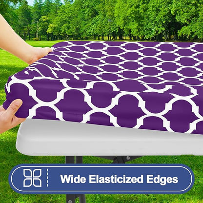 Smiry Picnic Table Cover with Bench Covers, Waterproof Elastic Fitted Tablecloth for 5 Foot Tables, Washable Polyester Tablecloths for Camping, Indoor & Outdoor (Purple, 30x60 Inch 3-pc Set)