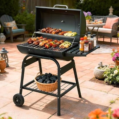 VINGLI Upgraded Barrel Charcoal Grill with 2 Sides Table, BBQ Grill Outdoor Smoker with Wheels for Party Garden Patio and Backyard Cooking 39''D × 24''W × 46''H (Upgraded Grill w/Side Table)
