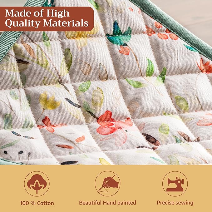 Maison d' Hermine Pot Holders 100% Cotton Heat Resistant Potholders 8" x 8" Hot Pads with Loop BBQ Cooking Baking Hotel Farmhouse Kitchen Handling Hot Pans Spring Summer (Pack of 2, Colmar)