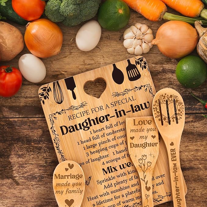 Gifts for Daughter in Law - "Recipe for a Special Daughter-in-Law" Daughter in Law Birthday Gifts Cutting Board Set, Bamboo-Made Engraved Utensil Set Mothers Day Gifts for Daughter in Law