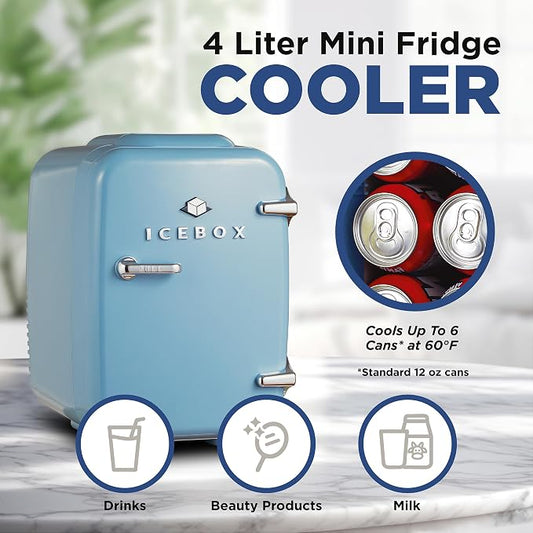 IceBox 4-Liter Mini Fridge Cooler/Warmer, IBMF4SLT, Slate Blue | Portable Refrigerator Holds 6 Cans, Compact for Skincare, Beverages and Food, Includes 120V AC and 12V Car Adapters