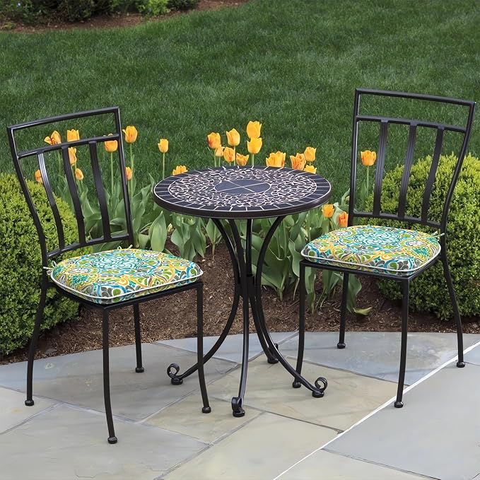 DYTXIII Set of 2 Outdoor Chair Cushions with Ties,Water Repellent Patio Chair Pads 17"x 16" for Outdoor Furniture,Round Corner Seat Cushions for Garden Yard Kitchen Damask Green