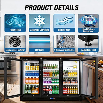 Back Bar Cooler Under Counter Beverage Refrigerator, 12.8 Cu Ft Undercounter Fridge,3 Door 5 inch Commercial Beer Built-In Cooler with LED Light Adjustable Shelves Safety Locks,ETL Approval