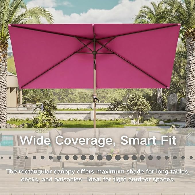 6.5' x 10' Rectangular Patio Umbrella Large Outdoor Market Umbrella w/UV Protection, Push Button Tilt and Crank Lift, Rectangle Table Umbrella for Garden, Deck, Pool, Patio, Rose Pink