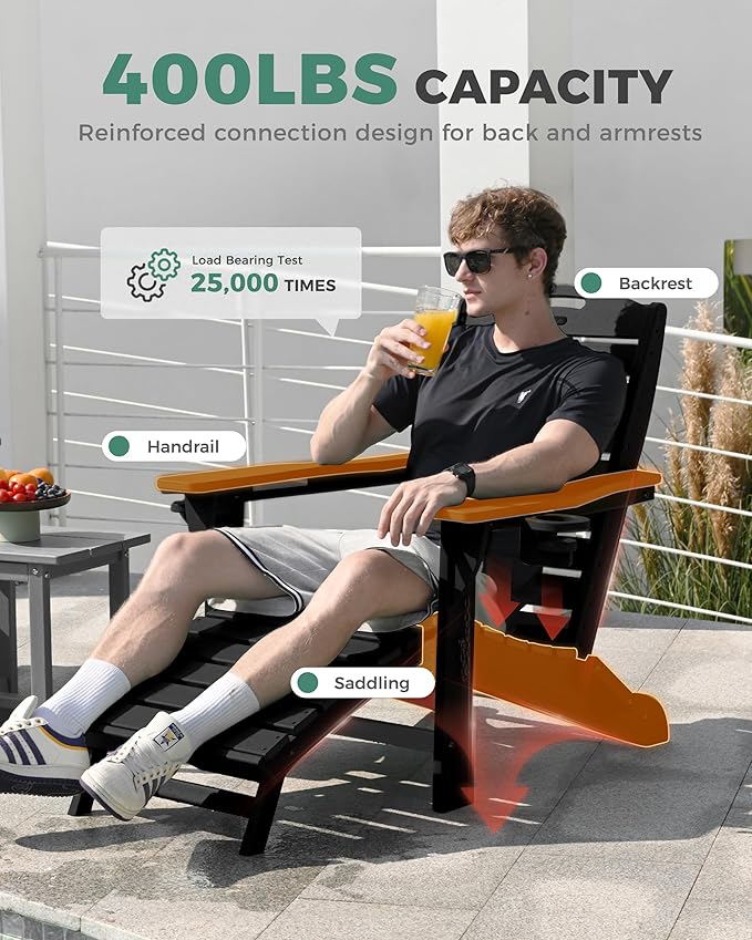 Folding Adirondack Chairs Set of 2,Adirondack Chair with Retractable Ottoman,Plastic Adirondack Chairs with 2 Cup Holder,Weather Resistant Patio Chair,Outdoor Chairs Set of 2(Black)