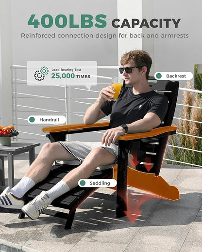 Folding Adirondack Chair with Retractable Ottoman Weather Resistant Fire Pit Chair Patio Chair with 2 Cup Holder Lawn Outdoor Lounge Chair (Black)