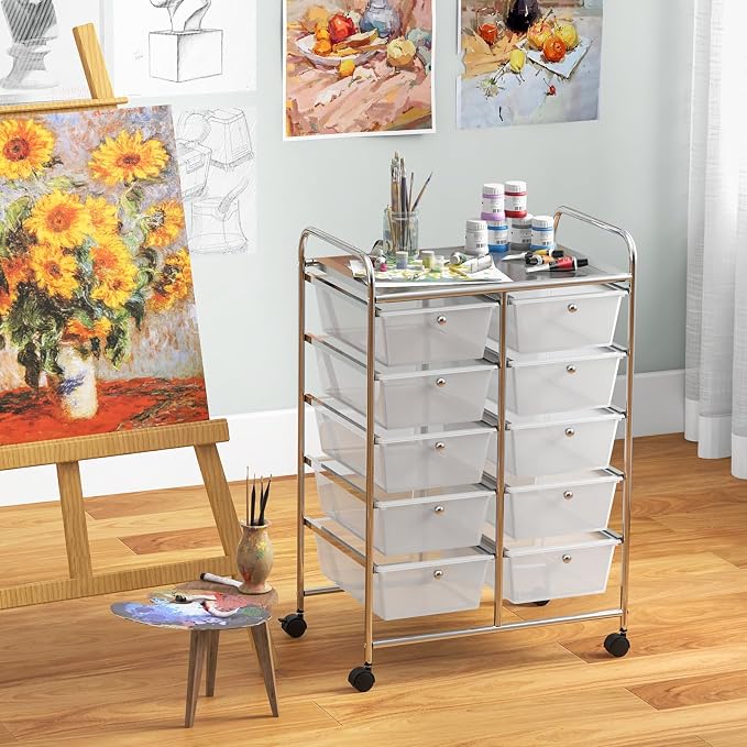 HOMGX Rolling Cart with 10 Drawers, 10 Tiers Multicolor Trolley, Drawer Bin Carts with 2 Lockable Wheels, Adjustable File & Debris Organizer Cart, Rolling Storage Cart for Office, School, Home