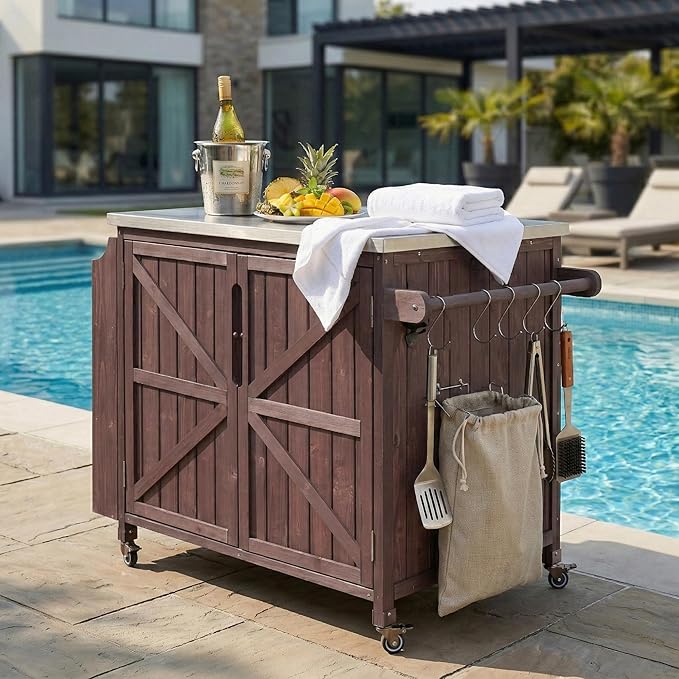 Outdoor Kitchen Island with 4 Locking Wheels, 42” Stainless Steel Top Grill Prep Station, Solid Fir Wood Storage Cabinet with 3-Tier Side Shelf and Adjustable Rack for Patio and BBQ, Brown