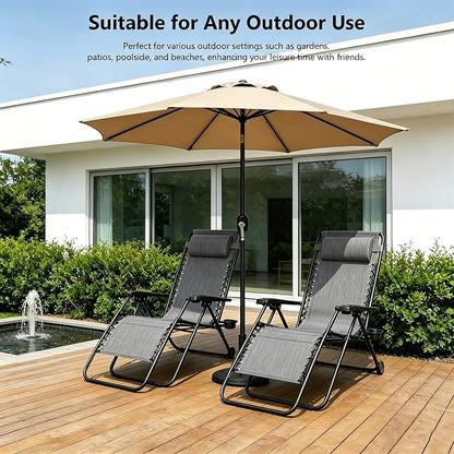 Zero Gravity Chairs Set of 2 with 9FT Patio Umbrella, Adjustable Folding Outdoor Recliner with Pillow & Cup Holder, Waterproof UV Protection Market Umbrella for Pool, Beach, Patio, Camping